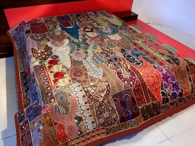 Vintage Patchwork Bedspread Hand Embroidery Bed Cover Throw Wall Hanging Curtain - Image 1 of 4