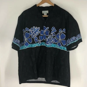 Camisa hawaiana vintage para hombre Kole kole XL negra azul flores cáscara de coco - Imagen 1 de 7