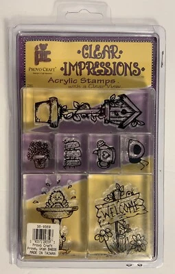 Provo Craft Clear Impressions 7 Acrylic Stamps Birdhouse, Bird Bath, Yard Stuff - Image 1 of 4