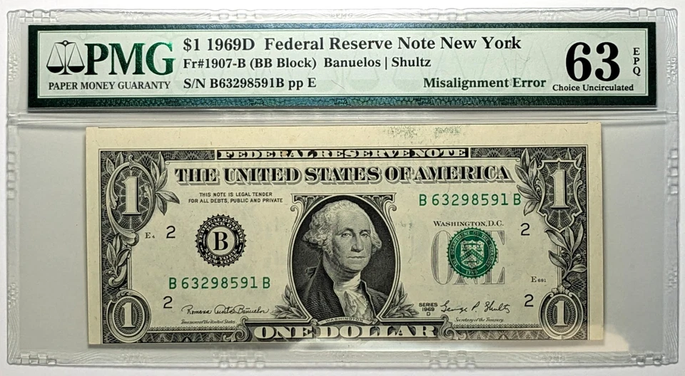 1969 $1 Federal Reserve Note New York Fr#1907-B PMG Ch UNC 63 EPQ Misalignment - Image 1 of 3