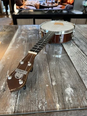 George Formby Banjolele Banjo 1930/50s 4 String Headstock Emblem Calfskin Head - Image 1 of 4