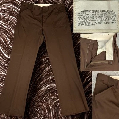 Men’s Vintage Stretchy Polyester Pants Brown 38 X 30 High Waist 1970s - Image 1 of 4