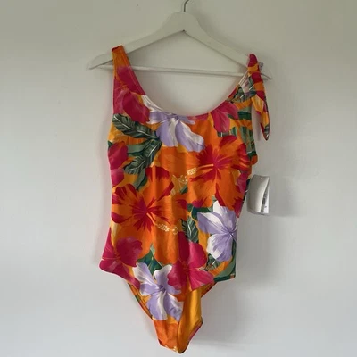 F&F Swimsuit Orange Pink Multicoloured Floral Print Size UK 16 - Image 1 of 4