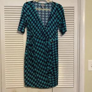 Rabbit Rabbit Rabbit Designs Black Green Houndstooth Faux Wrap Dress Size 12 - Picture 1 of 6