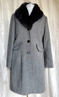 George Houndstooth шерсти твид съемный искусственного меха воротник Midi пальто SZ L Academia - Изображение 1 из 4
