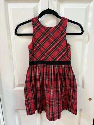J Crew Kids Red Plaid Dress Winter Holiday Girl Size 7 Velvet Waist Worn Once - Image 1 of 4