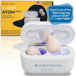 Audien ATOM PRO 2 Wireless Rechargeable OTC Hearing Aid Premium Comfort UV Case - Picture 1 of 10