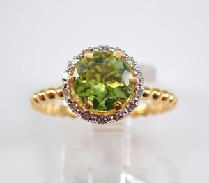 Yellow Gold Peridot and Diamond Halo Engagement Ring Unique Beaded Band - Picture 1 of 8