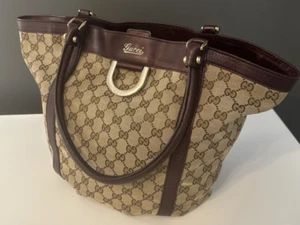 Gucci D-Ring Beige Monogram Double Handle Tote Silver Hardware Leather Trim - Picture 1 of 14