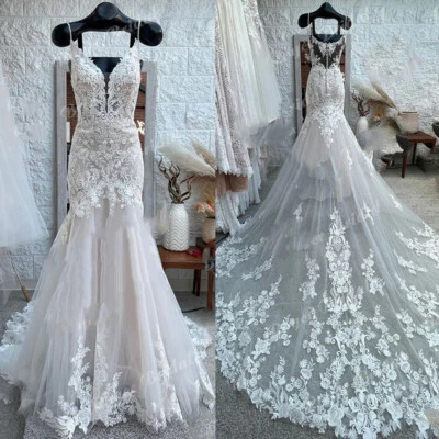 Blush Pink Mermaid Wedding Dresses Spaghetti V-Neck Lace Appliques Bridal Gown - Image 1 of 4