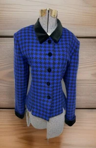 Kasper For ASL Blazer Size 14 Electric Blue Houndstooth Jacket Velvet Lapel - Picture 1 of 24