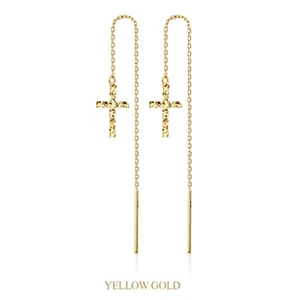18K Solid Yellow Gold Holly Cross Long Drop Dangle Threader a Pair Earrings JNK - Picture 1 of 9