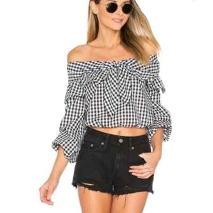 Lovers + Friends Women's Gingham Off Shoulder Rebecca Top Tie Neck Black/White M - Picture 1 of 10