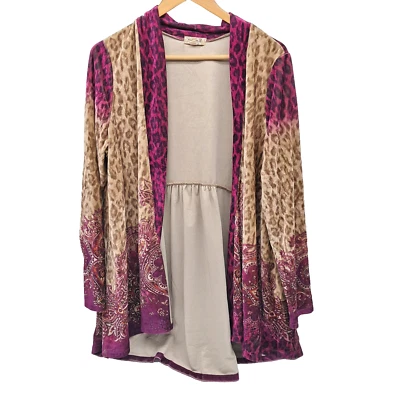 One World 1X Velvet Boho Animal Print Open Cardigan Plum Beige Mobwife Cheetah - Image 1 of 4