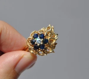 14K Massivgold Natürlicher Diamant & Saphir Ring - Cluster Blume Feuer Cocktail - Bild 1 von 12