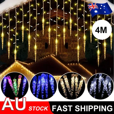 Christmas LED Icicle Falling Rain Curtain 4m Fairy String Lights Outdoor Party - image 1 of 4