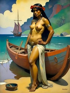 Princesa y barco guerrero isla desnuda 8,5x11" impresión fotográfica estilo arte Gauguin/Harker - Imagen 1 de 1