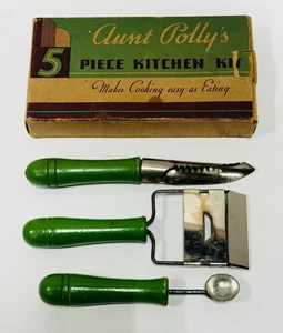 Vintage Tante Polly's Küchenset 3-teilig Holz grüne Griffe Sammlerstück Bauernhaus - Bild 1 von 5