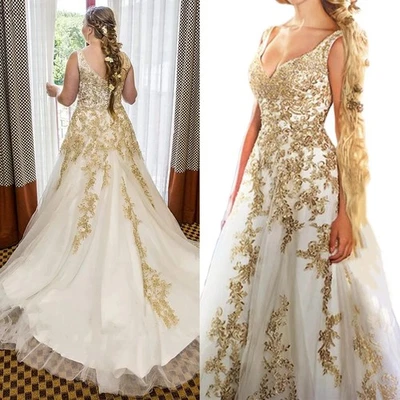 Vintage A-Line Wedding Dresses V-Neck Sleeveless Gold Lace Applique Bridal Gowns - Image 1 of 4