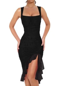Women's Sexy Ruched Bodycon Midi Dresses Square Neck Sleeveless Ruffle Hem Cl... - Picture 1 of 6