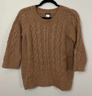 J. Crew Chunky Cable Knit Sweater Alpaca Merino 3/4 Sleeve Sz S Camel Tan Brown - Image 1 of 4