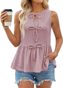 Women Summer Eyelet Peplum Tank Top Sleeveless Babydoll Blouse Bow Tie Flowy Y2K - Picture 1 of 12