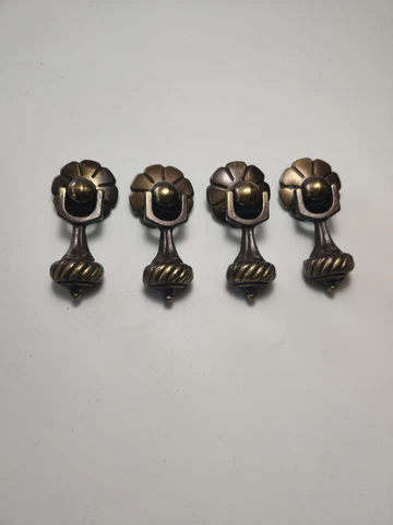 4 Antique / Gothic Brass Tear Drop Pull Handle Drawer / Door w/ Backplate 2.5" Cover