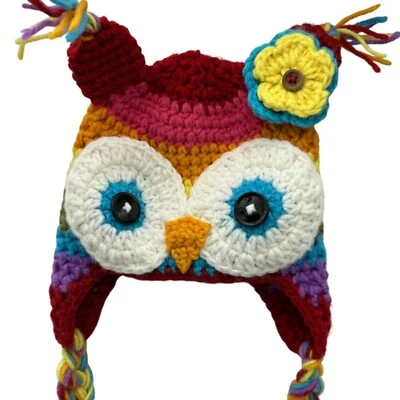 Hecho a mano Crochet Búho Bebé Sombrero 0-6 Meses Flor Trenzado Corbatas Borlas Botones Foto 1 de 4