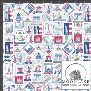 Stamp Repeat philately 100% Quality Cotton Poplin Fabric *Exclusive* - Picture 1 of 3
