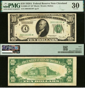 1928A $10 FRN Cleveland Star PMG 30 - Redeemable in Gold On Demand - Fr 2001-D* - Picture 1 of 4
