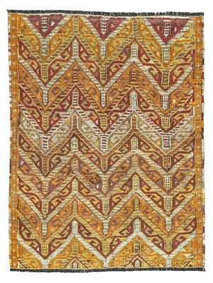 Вышитый вручную винтажный турецкий ковер Kilim 4,4 x 5,6 фута оранжевый красный зеленый - Изображение 1 из 4