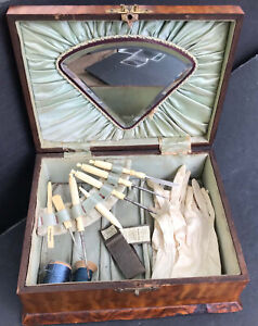 Antique Sewing Lace Making Curly Burl Wood Box Tool Kit 15" White Wedding Gloves