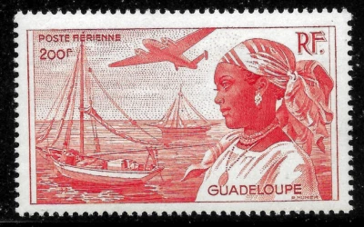 Guadeloupe 1947 Air mail  Airplane over Ship Sc#C12  MNH OG VF - Image 1 of 2