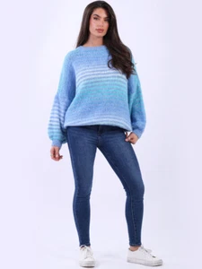 MADE IN ITALY Chunky Knit Striped Jumper To fit sizes 14 16 18 20 22+ DENIM BLUE - Picture 1 of 4