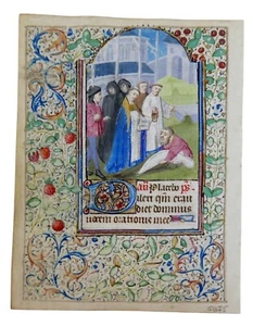 LATE 15TH CENTURY FRENCH ILLUMINATED MANUSCRIPT LEAF WITH MINIATURE OF A BURIAL - Picture 1 of 8