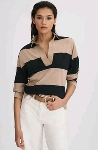 Reiss Abigail Striped Collared Open-Neck Long Sleeve Top, Black/Camel - Size XS - Picture 1 of 9