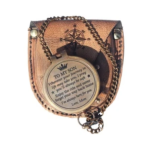 Brass Engrved Compass for Men, Pocket Compass with Leather Case, Antique Hand... - Picture 1 of 7