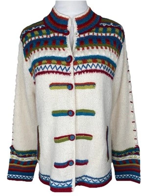 DISEÑO ISLANDÉS Cárdigan Fair Isle Marfil Multicolor Suéter Talla L Bolsillos Forrado Foto 1 de 4