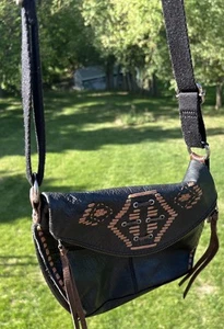 VTG THE SAK BLACK BROWN leather crossbody bag purse embroidered foldover BOHO - Picture 1 of 12
