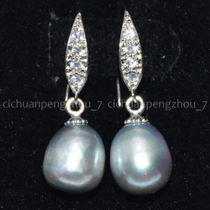 8-9mm Gray Natural Freshwater Cultured Rice Pearl Dangle Crystal Hook Earrings - Picture 1 of 4