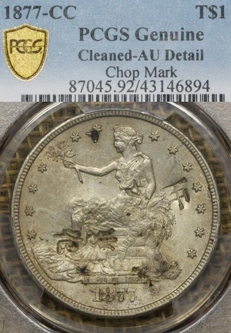 1877-CC T$1 PCGS AU Trade Dollar Chop Marks Carson City Cover