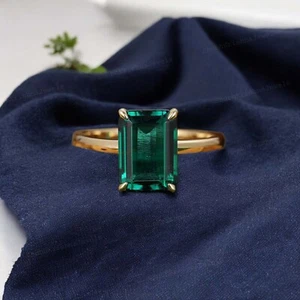 14k Rose Gold 8X6 mm Lab Created Emerald Solitaire Wedding Promise Gift Ring - Picture 1 of 11