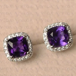 3.60Ct Cushion Cut Natural Amethyst & Diamond Stud Earring 14K Solid White Gold - Picture 1 of 8