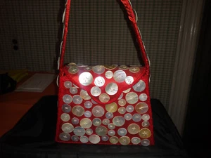 Womens Vintage Handmade Buttons and Beads Evening or Anytime Bag Red Satin - Picture 1 of 10