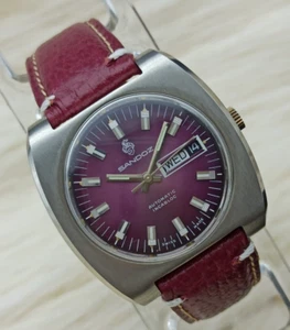 CASUAL SANDOZ MEN WATCH AUTOMATIC & PURPLE SWISS 1980s ORIGINAL SQUARED DIAL - Picture 1 of 22