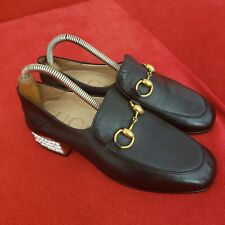 Gucci Black Leather Women shoes Size 37 Horsebit Loafers Crystals US 7
