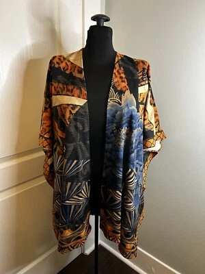 Chicos Cheetah Animal Print Festival Ruana Soft Suede Like Open Front Kimono OS - Image 1 of 4