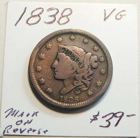 1838 U.S. LARGE CENT VG - MARK ON REVERSE - DIRT CHEAP!!!!!!!!!!!!!!!!!!!!!!! ⭐⭐ Cover