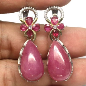 Gemstone Red Pink Ruby & Cubic Zirconia Earrings 925 Silver White Gold - Picture 1 of 4