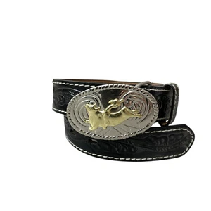 Nocona Western Boys Belt 26 Youth Bull Rider Black Leather Tooled Metal Buckle - Picture 1 of 7